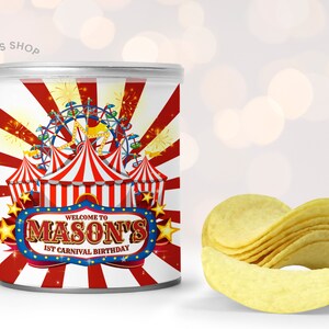 Circus Party Printable Chip can, Circus tent  birthday party chips, Circus Carnival potatoes wrapper,  Kids Birthday party