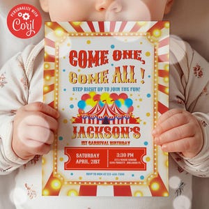 Editable Circus Invitation, Circus  invitation Template Carnival Invitation, Circus Carnival birthday, Circus Birthday kids party Corjl.