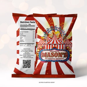 Circus Party Printable Chip bag, Circus tent  birthday party chip bag, Circus Carnival potatoes wrapper,  Kids Birthday party