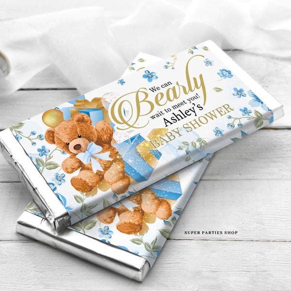 We Can Bearly Wait Candy Bar Wrapper Baby Shower Bleu aquarelle teddy, thème Baby Boho, Teddy Bear Ballons NUMÉRIQUE UNIQUEMENT