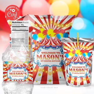Kit per feste a tema circo stampabile, sacchetto di patatine per feste di compleanno con tenda da circo, bottiglia e succo di carnevale del circo, involucro per feste di compleanno per bambini