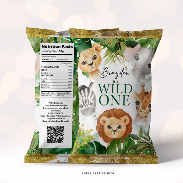 Jungle Chip Bags  Printable , Snack Treat  Safari ,Wild two, Label, Candy Bags Wrapper, Watercolors, Wild One, Elephant, Lion, Zebra DIGITAL