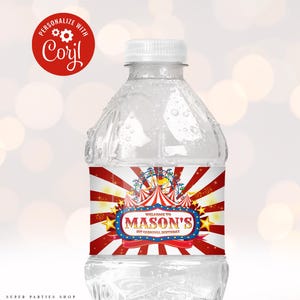 Circus Bottle Label Printable, Circus tent  birthday party Favor, Circus Carnival wrapper, Circus 1st Birthday Kids Birthday party Corjl