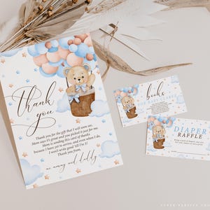 Possiamo aspettare a malapena, biglietto di ringraziamento, lotteria dei pannolini e modello di etichetta per libri, baby shower, tema Baby Boho blu, palloncini orsetto Corjl.