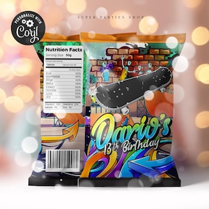 Skate Party Chip Bag Printable, Skateboard Potatoes bag, scooter bike skate sports, Party Favors 90s theme,hip hop, Corjl Edit