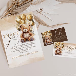 Biglietto di ringraziamento "We Can Bearly Wait", modello di etichetta per la lotteria dei pannolini e modello per l'etichetta del libro Baby Shower Gold Baby Boho, palloncini Teddy Bear Corjl.