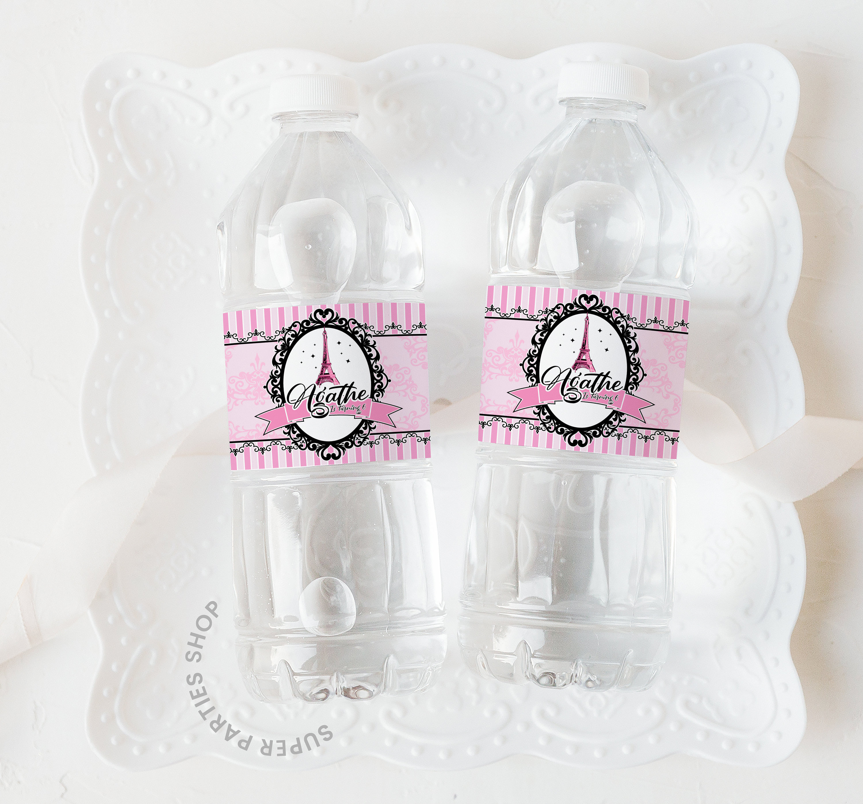 Paris Water Bottle Wrappers for Sweet 16, Bridal Shower, Birthday  30th-40th-50th-60th set of 12 
