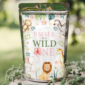 Jungle Juice Pouches Editable , Wild one, Wild One Label, Capri sun Label, Watercolors, Wild One, Elephant, Lion, Zebra  Editable Corjl