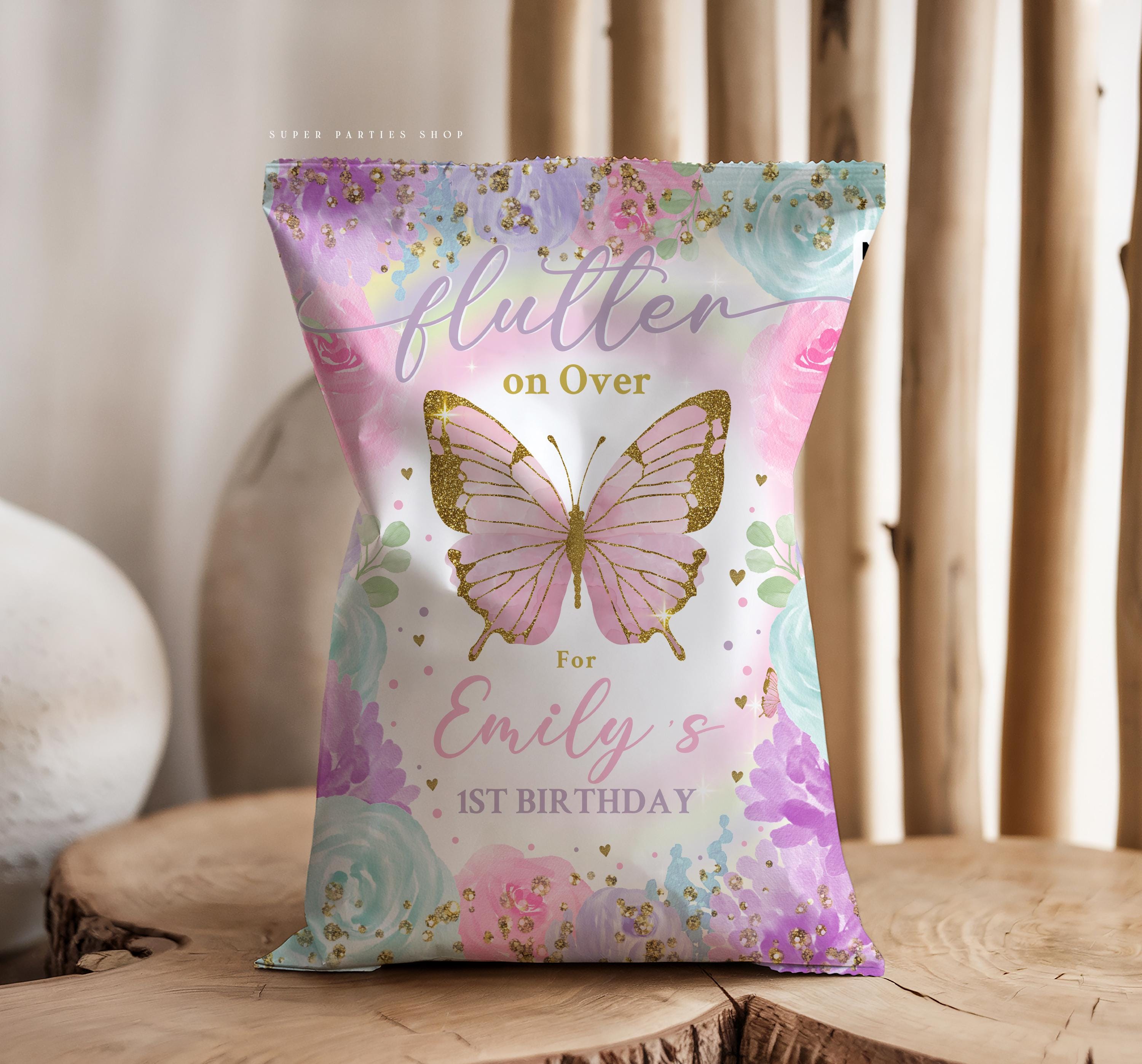 Butterfly Chip bag Wrapper Printable, Editable Floral  Baby Shower Chip Bag Labels Pink And Gold Floral Butterfly Favor Bag, Corjl
