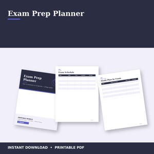 Op de afbeelding: Een printbare Exam Prep Planner-bundel bestaande uit drie witte pagina's met donkerblauwe accenten. De omslag toont de tekst Exam Prep Planner, terwijl de binnenpagina's een Exam Schedule-tabel en een Study Plan by Exam-tabel bevatten.