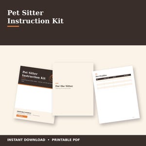 Könnte beinhalten: Ein druckbares Pet Sitter Instruction Kit bestehend aus drei Seiten in Dunkelbraun und Creme. Die Seiten enthalten Überschriften wie Pet Sitter Instruction Kit, For the Sitter und Pet Profiles sowie eine Tabelle für Haustierdaten.