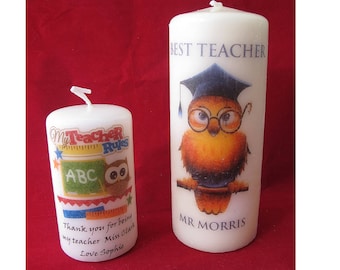 Teacher gift candle keepsakes available in many owl designs, teacher gift