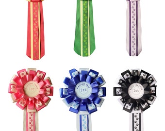 Rosettes available in many colourways, customisable for different events