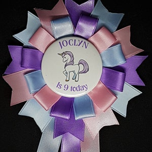 Unicorn Children&#39;s Birthday Rosette or Corsage any age any colours