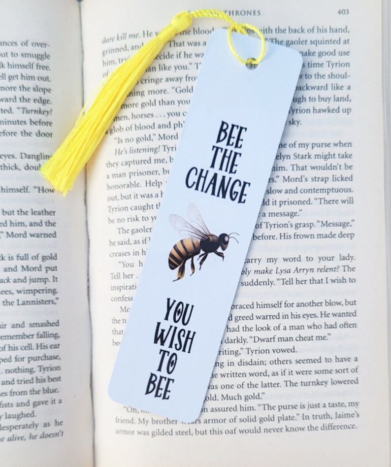 Bee the Change Metal Bookmark, inspirational bookmark, bookworm gift image 1