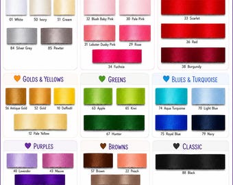 May include: A color chart displaying various ribbon swatches organized by category including Neutrals, Pinks, Reds & Burgundy, Golds & Yellows, Greens, Blues & Turquoise, Purples, Browns, and Classic, each labeled with a number and color name.