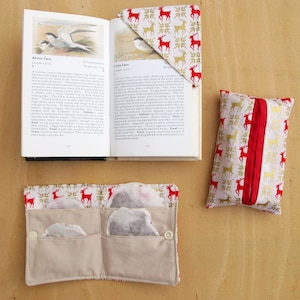 Tissue holder, teabag holder and bookmark, buy individually or set, Christmas fabric gift sets,