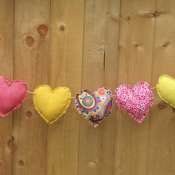 Heart garland, Cotton fabric heart bunting,  multicoloured rainbow, wall decor