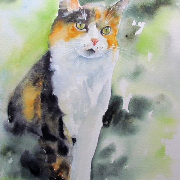 Chat tricolore roux blanc et noir - Art animalier - Portrait animalier à l'aquarelle