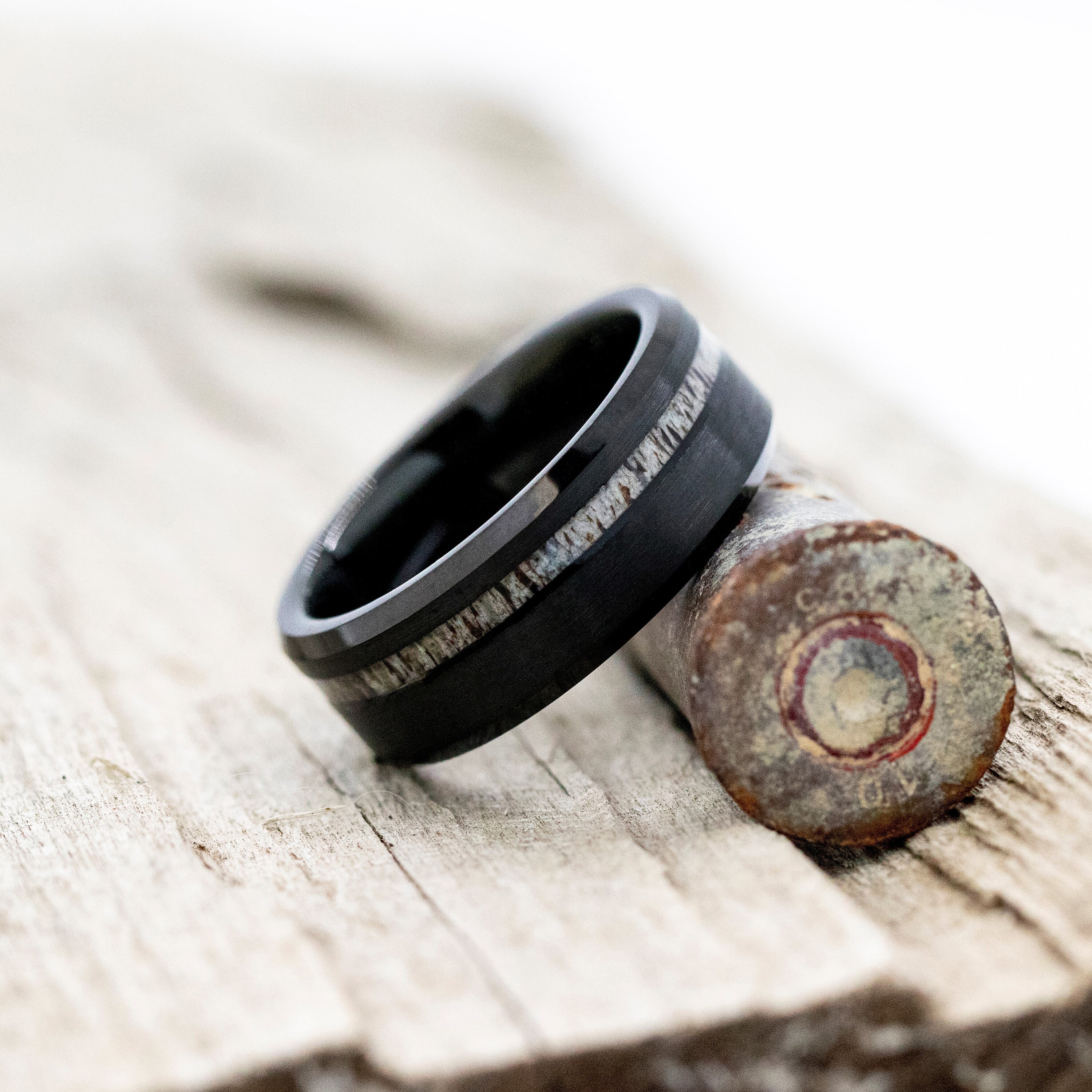 Black Tungsten Ring, Offset Deer Antler Inlay, Wedding Band, 8MM, Com…