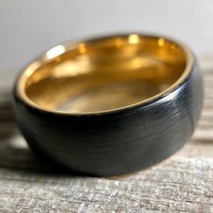 Black & Gold Tungsten Ring, Wedding Band, 8MM, Comfort Fit, Domed Brushed Finish image 4