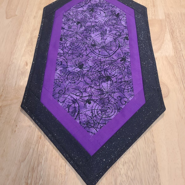 Halloween Spiderweb Small Table Runner - Purple Glitter Fabric, Quilted Table Topper Design