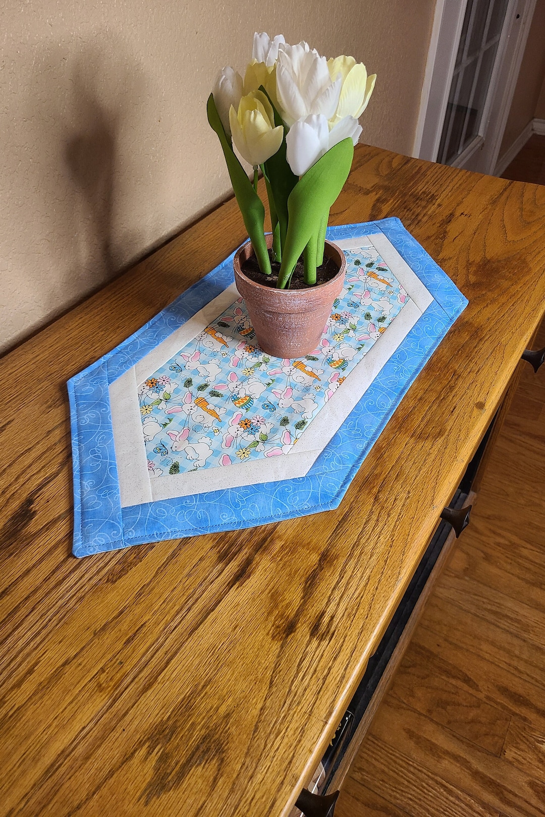 Easter Bunny Quilted Mini Table Runner, Pastel Blue Reversible Table ...