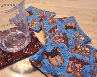 Fabric Coasters - Set of 4 Cowboy Boots Handmade Drink Mats - Housewarming Gift