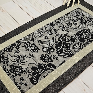 Day of the Dead Mini Table Runner | Dia de los Muertos Sugar Skull Runner | Gothic Halloween Gift