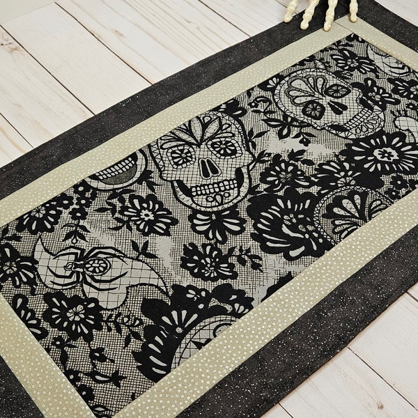 Day of the Dead Quilted Mini Table Runner - Dia de los Muertos - Gothic Decor - Grey and Black Halloween Decoration