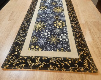 Christmas Table Runner: Black & Gold Snowflake Holiday Table Décor