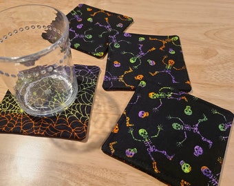 Fabric Coasters - Set of 4 Neon Skeletons Handmade Drink Mats - Halloween Home Decor - Housewarming Gift