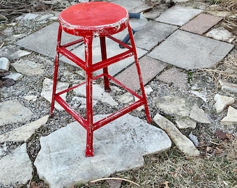 Vintage Red Bar Stool/ Chair - Distressed- Kitchen stool-Plant stand