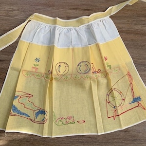 Vintage Hand Made - Half Apron - Yellow and White  - Hand Embroidered -w Pockets - Pleated