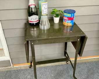 Vintage Rolling Bar Cart/Night Stand/End Table - Vintage- Industrial - Typing Table - Drop leaf