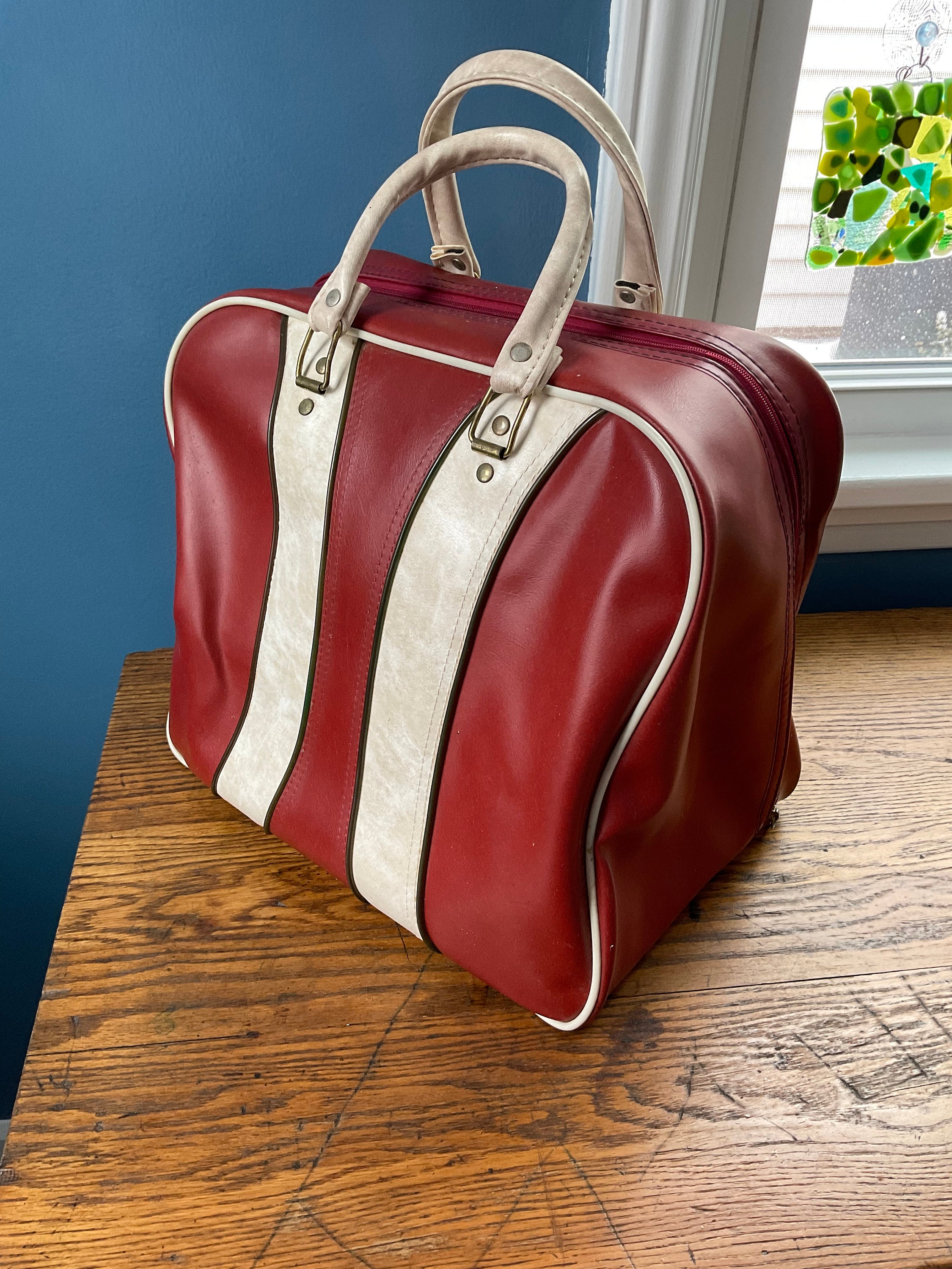Vintage Bowling Ball Bag Burgundy and Marbled White 