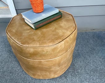 Vintage Mid Century - Tan Vinyl Ottoman -  Round Stool- Footstool