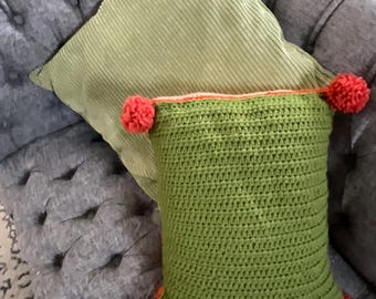 vintage Accent pillows-hand crocheted - corduroy-throw accent/decorative pillows - set of 2