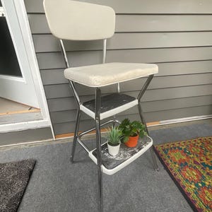 Vintage Cosco Style Stool/ Flip Seat Chair/step ladder - Kitchen stool - Chrome and  White vinyl