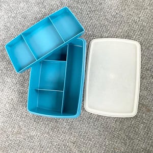Puede incluir: Una caja de almacenamiento de plástico azul con una tapa extraíble. La caja tiene varios compartimentos para organizar artículos pequeños.
