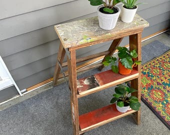 Upcycled Step Stool Plant Stand – Reclaimed Wood Ladder Bookshelf