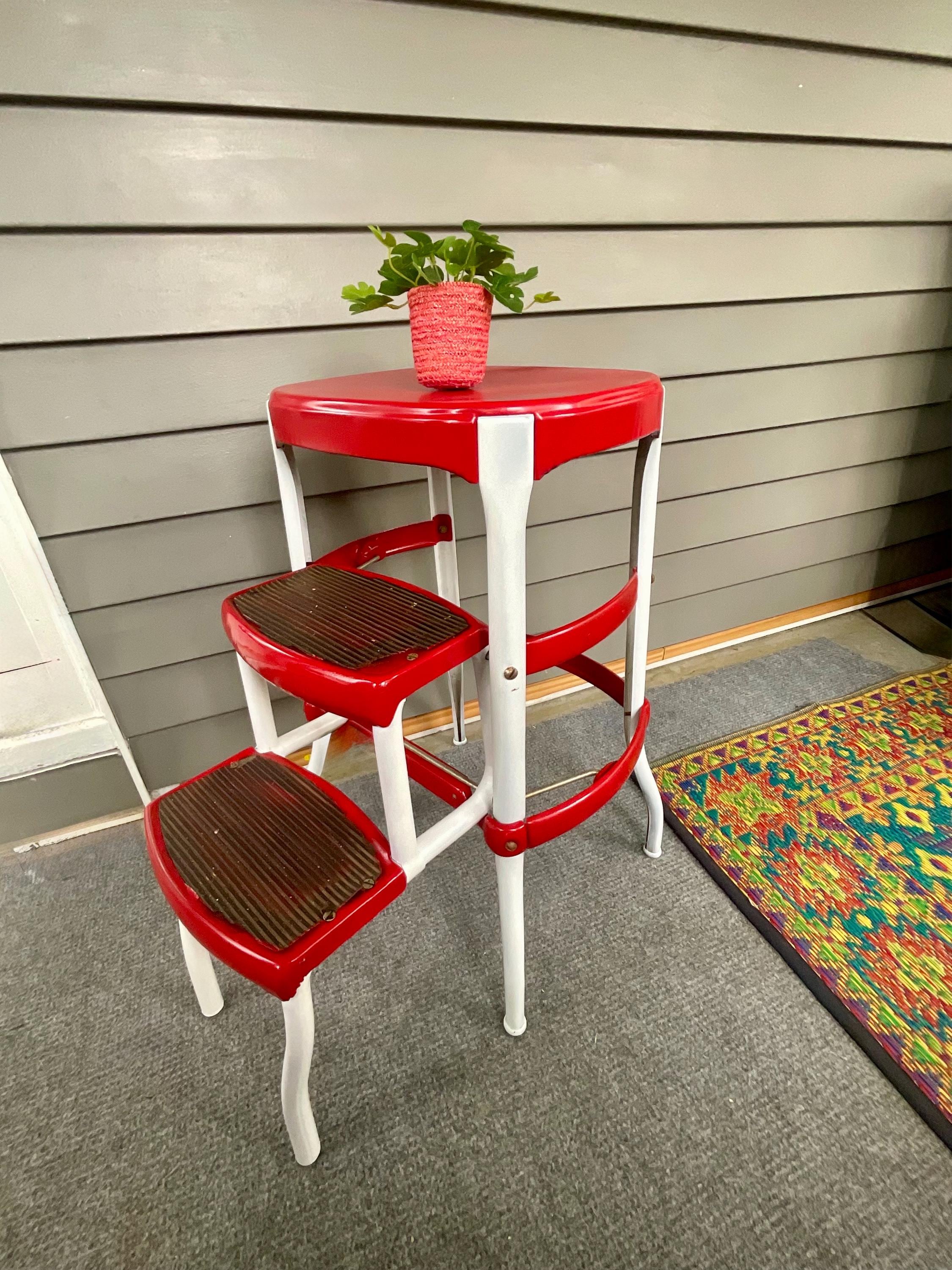Vintage Cosco  Style white and red Kitchen Step Stool/ Chair - Kitchen stool w/Pull out steps