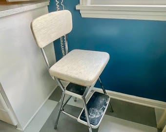 Vintage Cosco Style Stool/ Flip Seat Chair/step ladder - Kitchen stool - Chrome and  White vinyl