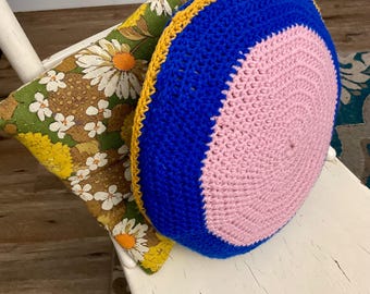 Vintage Crochet Pillow Set – Floral Corduroy & Round Throw Pillows