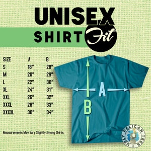 Op de afbeelding: Unisex shirt maattabel met metingen in inches. De tabel toont de breedte (A) en lengte (B) van het shirt voor maten S tot en met XXXXL. De tabel staat op een groene jute achtergrond.