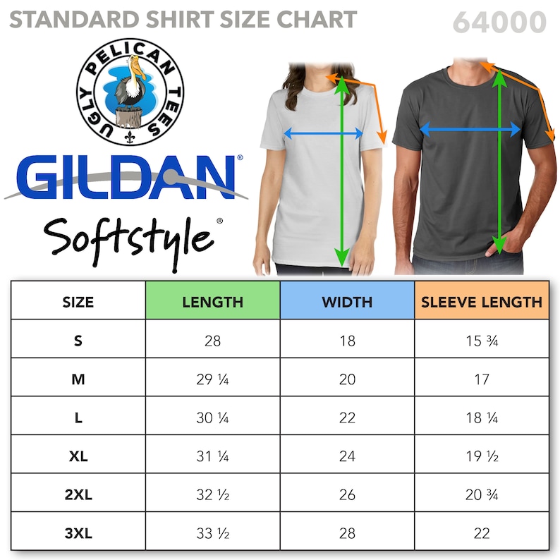 May include: A size chart for Gildan Softstyle t-shirts. The chart shows the size, length, width, and sleeve length in inches for sizes S, M, L, XL, 2XL, and 3XL.