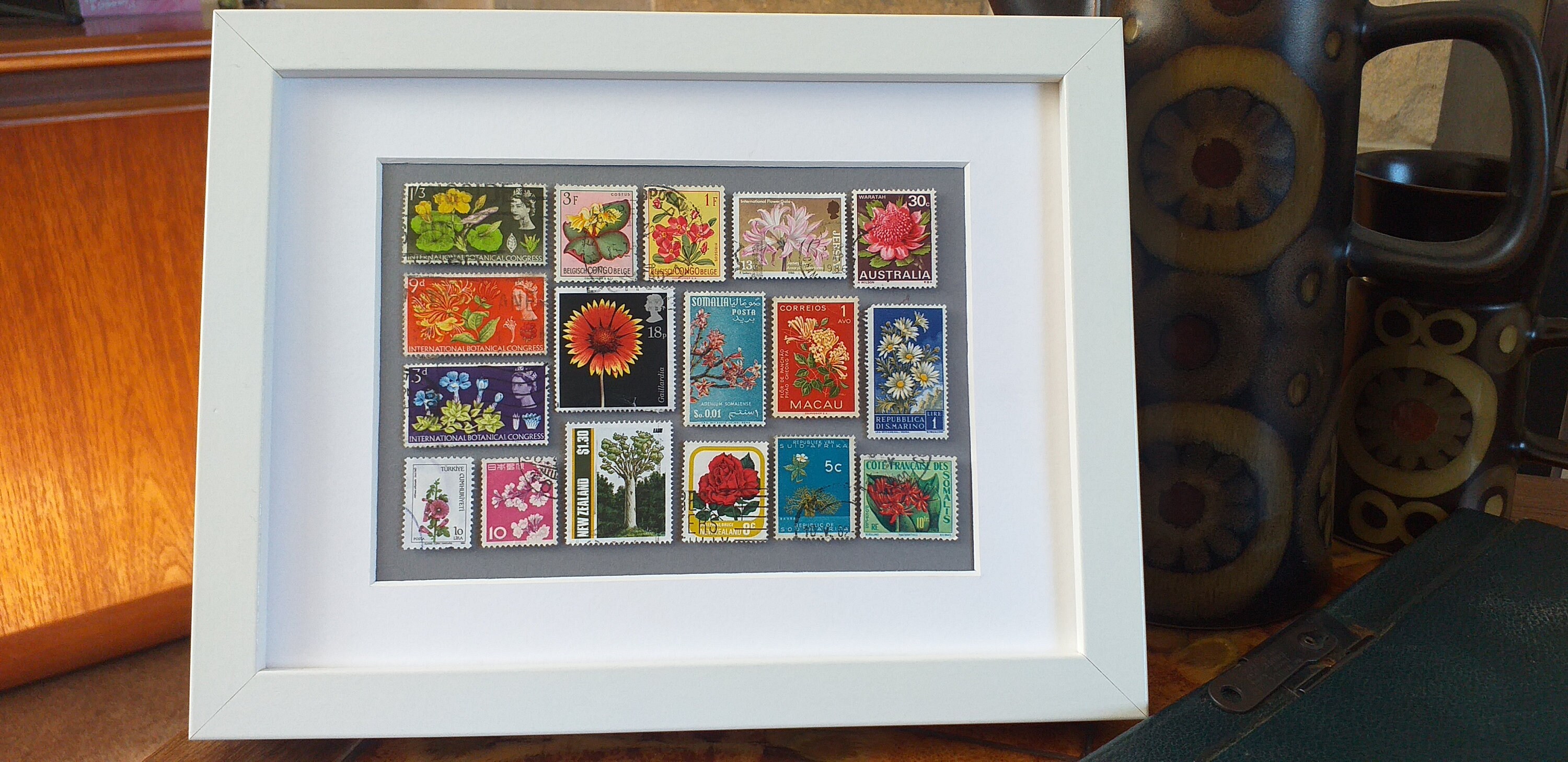 Framed Vintage Stamp Collection Picture Featuring Flowers and Etsy