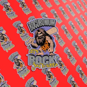 Może przedstawiać: Powtarzający się wzór naklejek przedstawiający kreskówkowego człowieka pierwotnego trzymającego maczugę z tekstem "Rocuronium Let's Rock You To Sleep". Naklejki znajdują się na czerwonym tle.