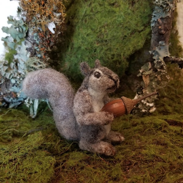 Felted Gray squirrel miniature handmade lanolin raw wool needle felting mini animal with acorn inside fairy gnome garden home