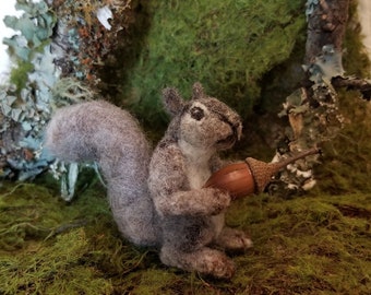 Felted Gray squirrel miniature handmade lanolin raw wool needle felting mini animal with acorn inside fairy gnome garden home